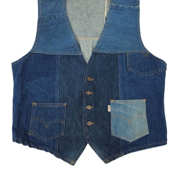 Levis Fresh Produce Patchwork Denim Vest L Buckle Back Vintage 70s Button Front - Picture 14 of 16